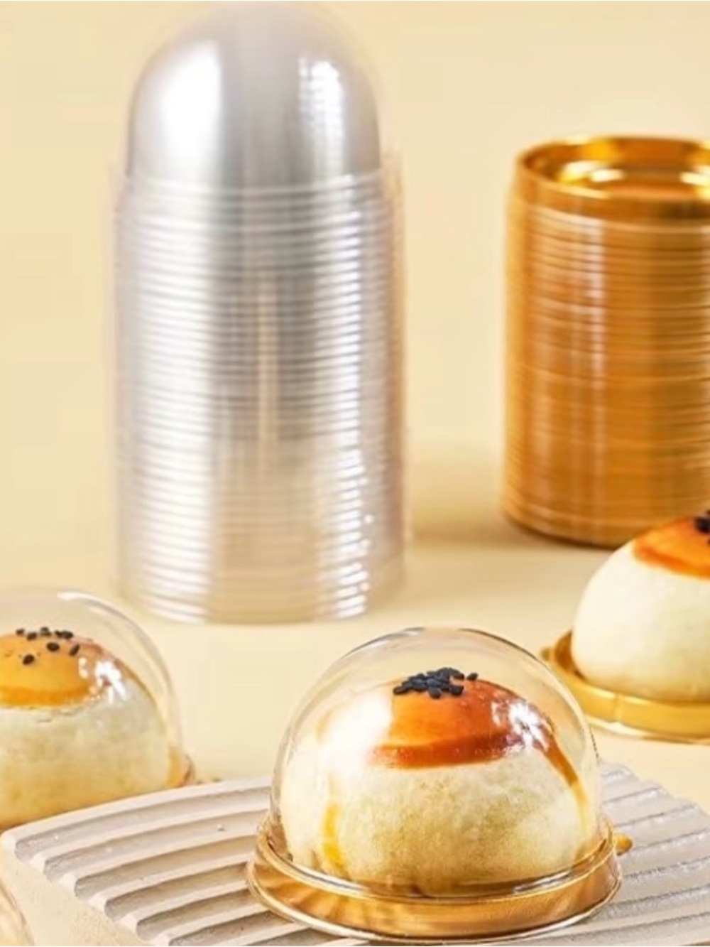 Clear Dome Pastry Covers with Gold Bases - Elegant Presentation